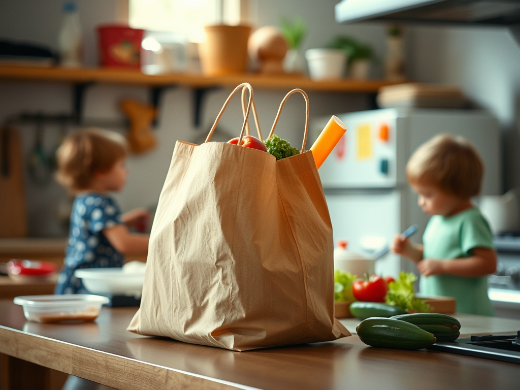 A grocery bag on the counter or food prep with toddlers nearby (not aesthetic, just real)
