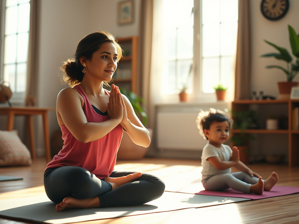 Hispanic mom in her 30s trying to do yoga, with a toddler playing nearby