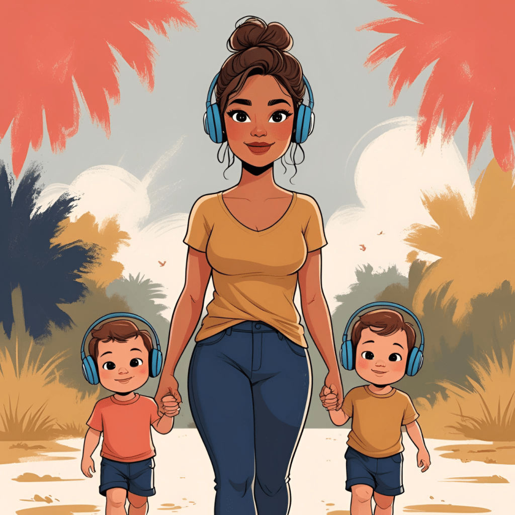 Mom listening to audiobook on headphones while walking with her kids